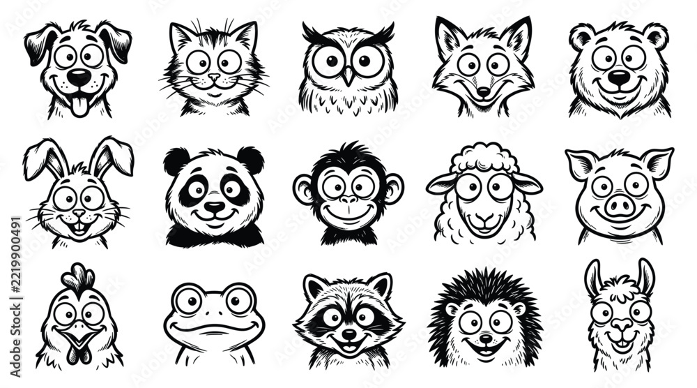 Fototapeta premium Collection of cute cartoon animal face line art illustrations showing various funny facial expressions on white background
