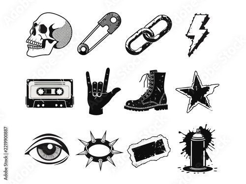 Punk Grunge Vector Icon Set with Skull, Safety Pin, Cassette and Rock Symbols