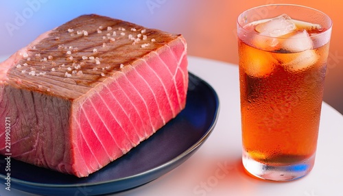 Seared Tuna Steak with Sesame Seeds and Iced Tea.