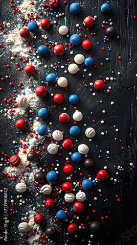 Candies and sprinkles in patriotic red, white, and blue colors are scattered across a dark textured surface with flour dust.