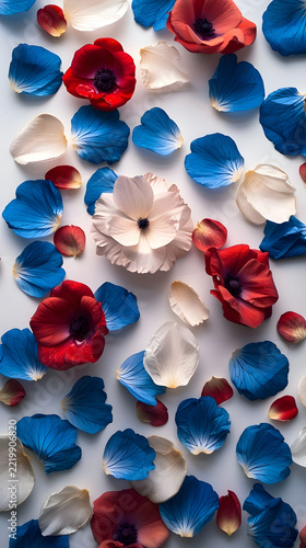 Anemone flowers and scattered petals in patriotic red, white, and blue colors lie scattered on a light background.
