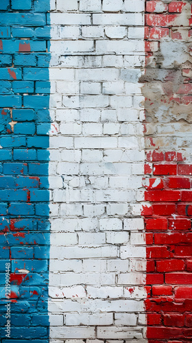 Brick wall painted with vertical stripes of blue, white, and red resembles a weathered French flag.