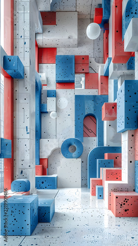 Abstract architectural installation made of blue and red terrazzo blocks stands in a bright, modern interior.
