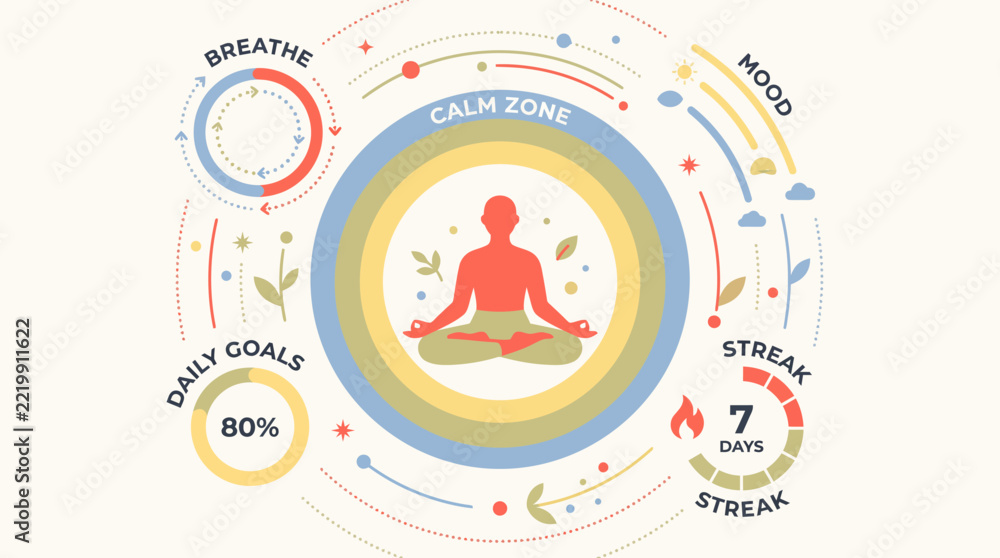 Fototapeta premium Mindfulness and Meditation App Interface Vector Illustration with Calm Zone, Breathing Tracker, Daily Goals, and Streak Tracker
