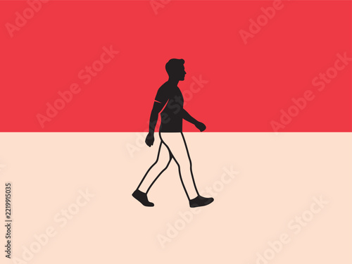 Walking figure silhouette, stark contrast of black and white sections.