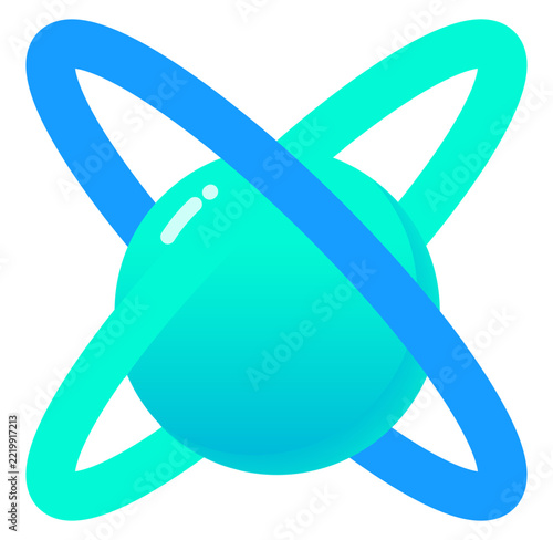 minimalist blue and cyan atom or planet icon with intersecting rings for science and technology