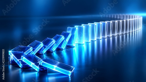 Falling glass dominoes with glowing blue light representing chain reaction cause and effect risk management and sequence in business strategy