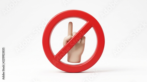 3D rendered cartoon hand pointing up behind a red prohibition sign