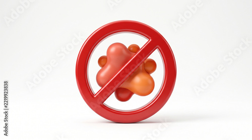 Red prohibition sign over abstract 3D virus cell on white background
