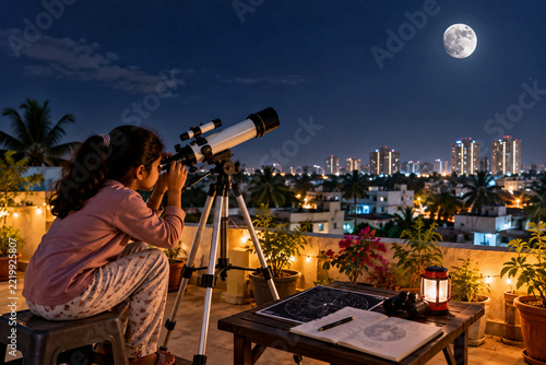 Young girl stargazing at full moon through a telescope on a city rooftop terrace at night