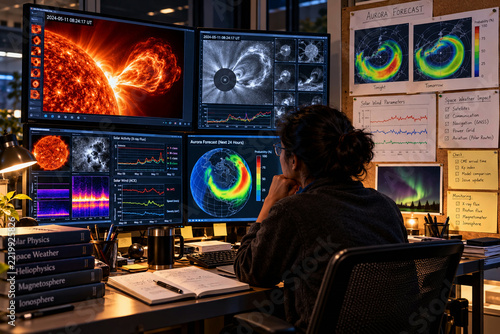 Space weather scientist monitoring solar flare imagery and aurora forecast maps on multiple screens at night