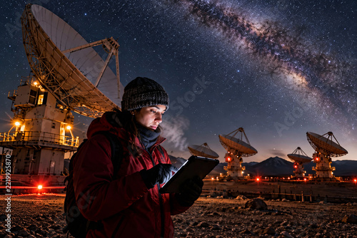 Radio astronomer using a tablet beside a large radio telescope array beneath the Milky Way at night