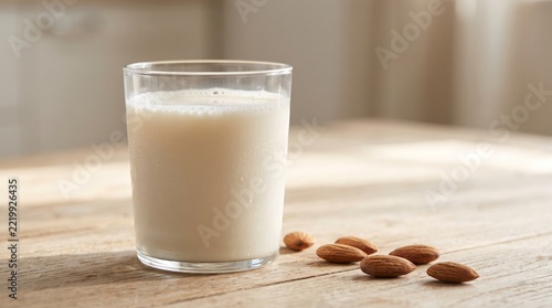 Glass of Almond Milk with Almonds on Wooden Table in Natural Light