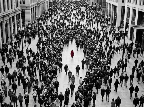 Busy city street crowded with commuters walking during rush hour