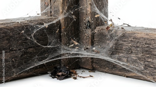 A black spider sits in a dusty web spun between dark weathered wooden beams with cobweb attached rustic