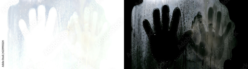 Naklejka premium Handprint silhouette and ghostly faded print on fogged glass for horror designs in PNG, Transparent and Black Background Versions