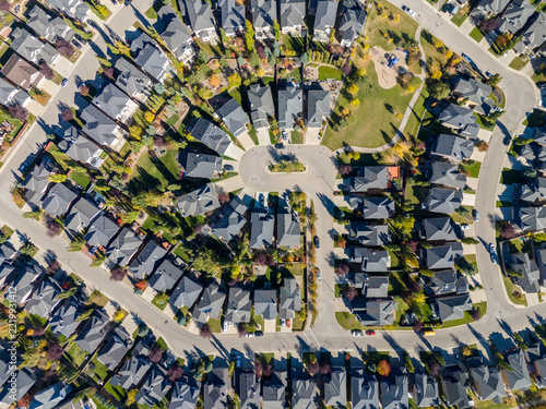 Aerial view of subrurban Calgary on a beautiful autumn afternoon.