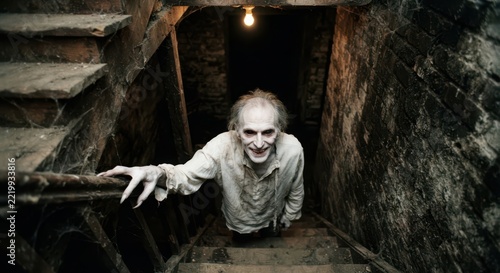 Pale stranger climbs a narrow cellar staircase beneath a bare hanging bulb