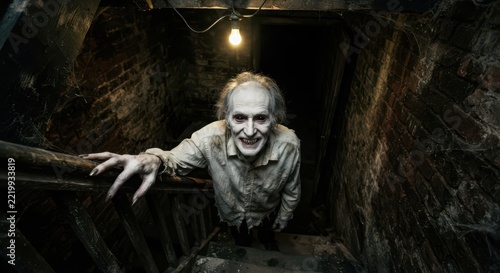 A grinning cellar visitor reaches upward from the darkness below
