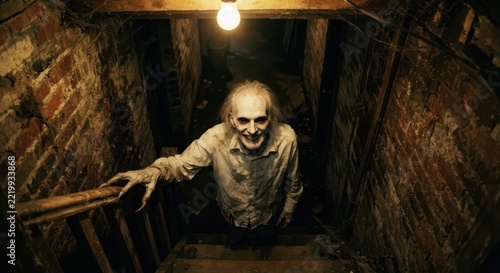The basement figure ascends brick lined stairs with one hand extended