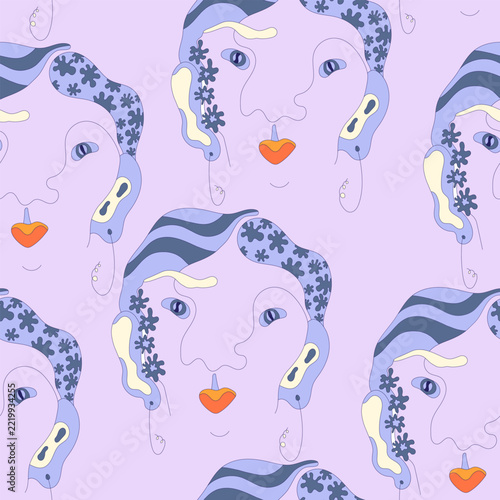Seamless pattern with abstract surreal women's faces, stylized floral hair, and continuous line art portraits