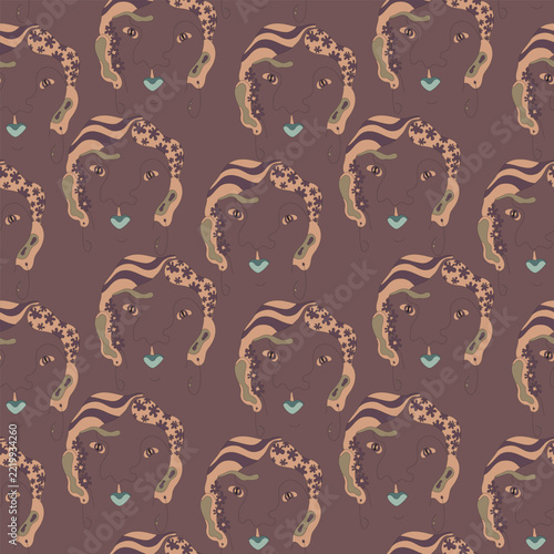 Seamless pattern with abstract surreal women's faces, stylized floral hair, and continuous line art portraits