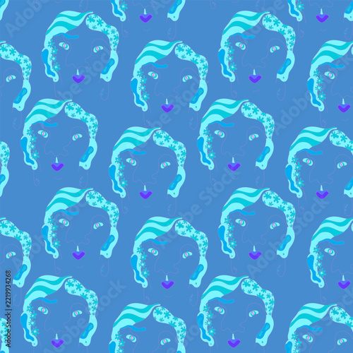 Seamless pattern with abstract surreal women's faces, stylized floral hair, and continuous line art portraits