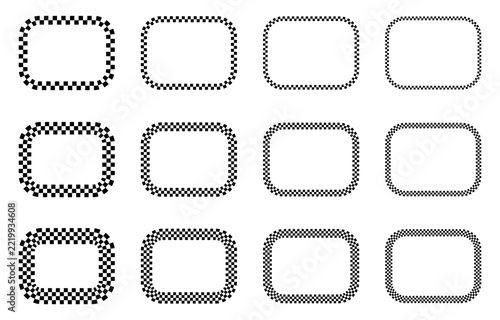 Rectangular checkerboard frames vector set. Black and white checkered borders with rounded corners, different square sizes and multiple rows. Geometric racing flag patterns, decorative frames mosaic