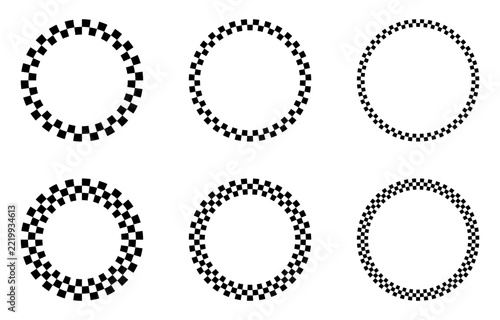 Checkered racing circle frames vector set. Black and white checkerboard round borders with different square sizes. Motorsport finish flag patterns, geometric ornaments and decorative design elements.
