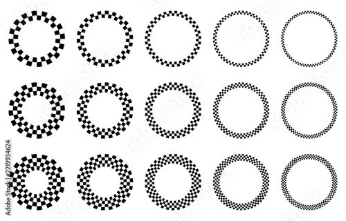 Circular checkerboard frames vector collection. Black and white checkered borders with different square sizes and multiple rows. Geometric round patterns, racing flag ornaments and decorative rings