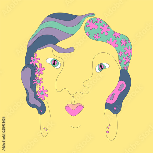 Abstract surreal woman face with stylized floral hair, earrings and continuous line art portrait