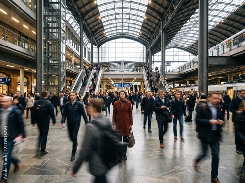 Busy commuters walking through modern indoor train station during