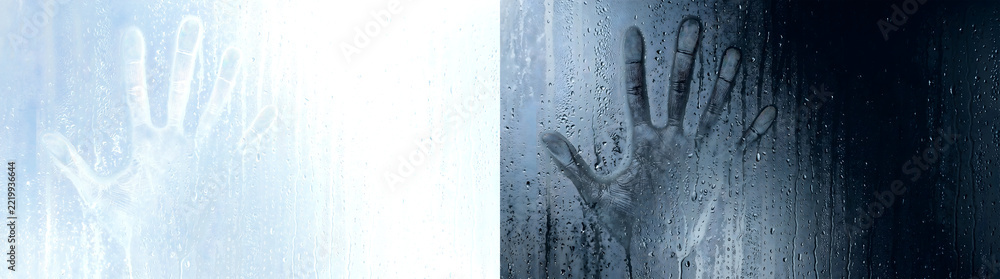 Fototapeta premium Handprint pressed on blue foggy glass with water droplets and drips for horror in PNG, Transparent and Black Background Versions