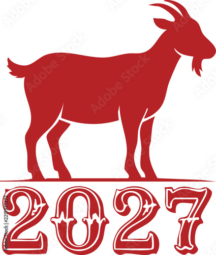 Red goat silhouette with 2027 typography vector illustration, Chinese New Year symbol of the year 