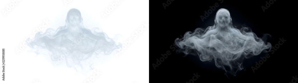 Naklejka premium Ghost with a hooded skull face rising from a wide smoke cloud for horror in PNG, Transparent and Black Background Versions