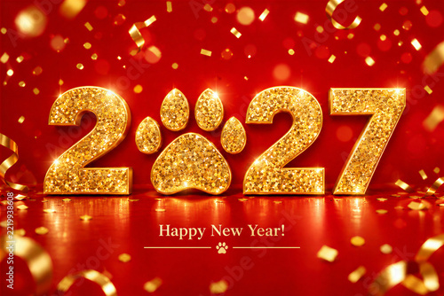 Glittering golden 2027 numbers with paw print and Happy New Year greeting on a festive red confetti background