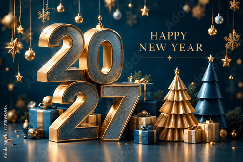Golden 2027 numerals with ornaments, gift boxes, and decorative trees for a new year celebration