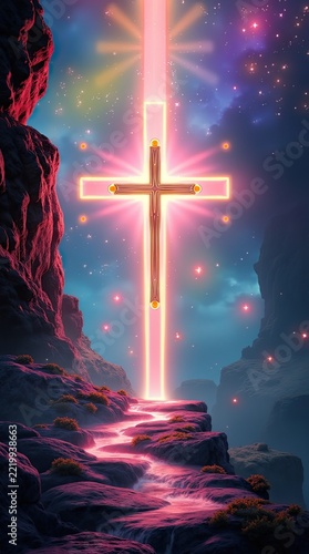 Glowing cross above a luminous stream between rocky cliffs in a colorful celestial landscape illustration