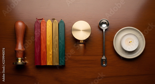 Vintage wax seal stamps, ink pads, candle, and measuring spoon mockup, blank spaces for text