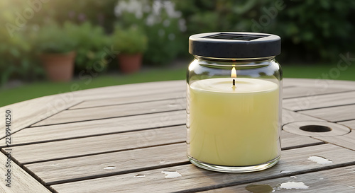 Candle in a glass jar on wooden table outdoor mockup, blank spaces for text