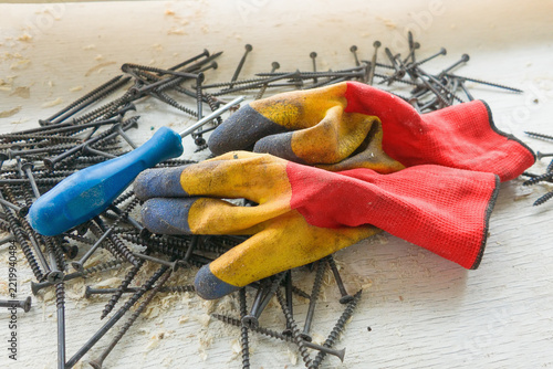 Cordless drill-driver for driving screws and drilling; work gloves; screws for home repairs.