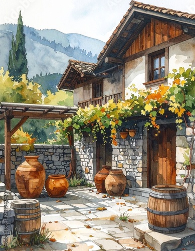 Watercolor painting of a rustic stone villa with wine barrels