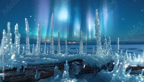 Macro ice spikes and crystals sparkling under northern lights background