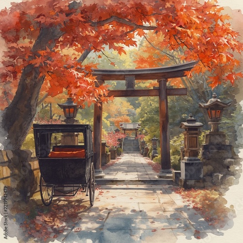 Traditional Japanese temple torii gate with autumn maple leaves watercolor