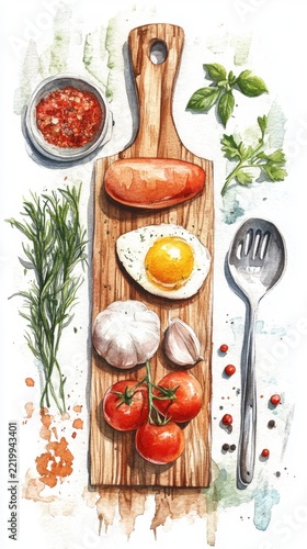 Rustic breakfast preparation with fresh ingredients and wooden cutting board. National Cookbook Month