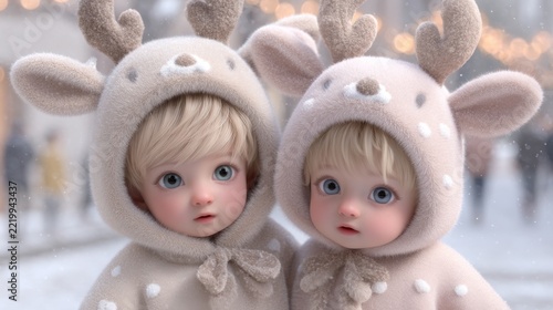 Cute caucasian children in reindeer hoodies enjoy snowy winter day