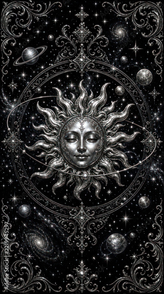 Fototapeta premium Intricate celestial design with sun and planets, perfect for mobile wallpaper.