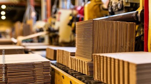 Stacks of corrugated cardboard move along an industrial conveyor belt