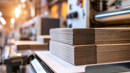 Stacked corrugated cardboard boxes rest on a factory conveyor line