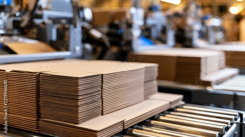 Stacks of brown cardboard boxes move steadily on a conveyor belt